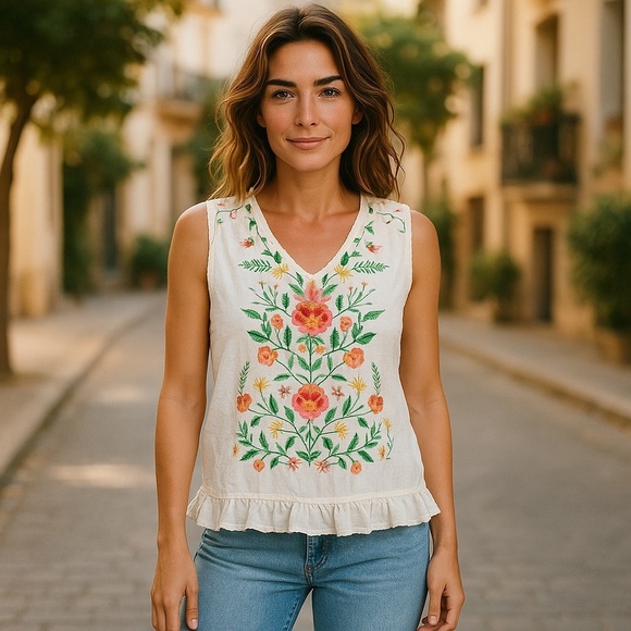 Y2K Tops - EVY’s Tree Beautiful Sleeveless Embroidered 100% Cotton Ruffled Tank Top Blouse